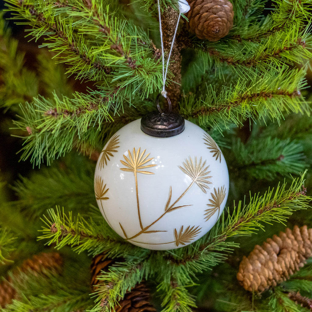 Small White and Gold Floral Etched Ornament