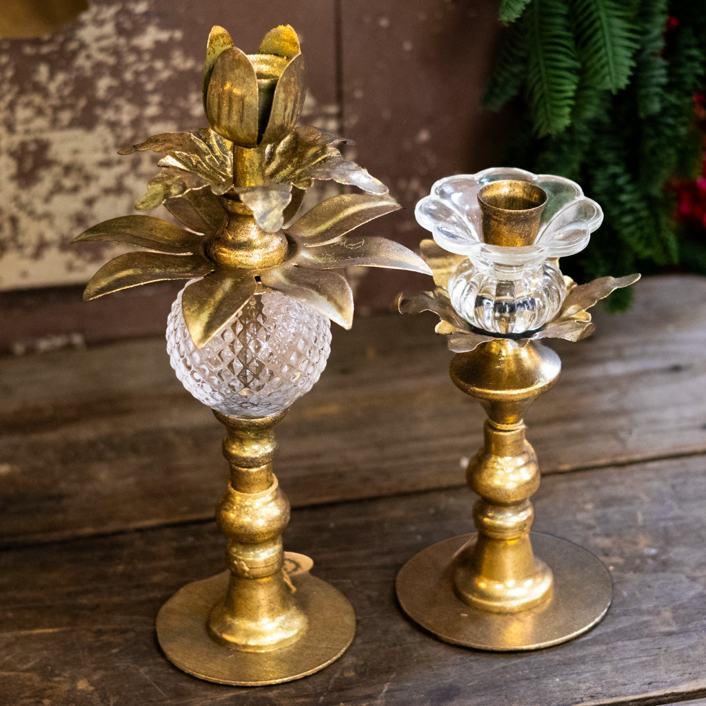 Tall Antiqued Gold Metal and Glass Candle Holder