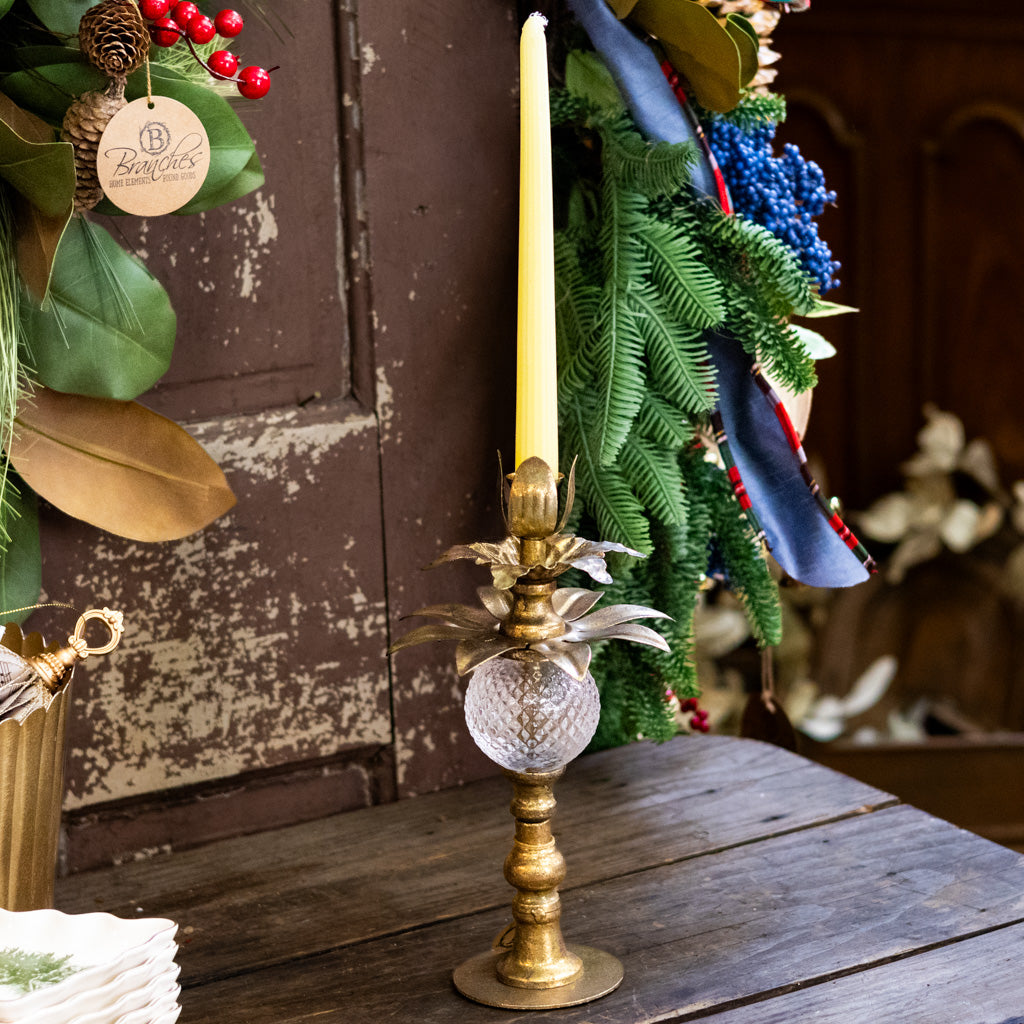 Tall Antiqued Gold Metal and Glass Candle Holder