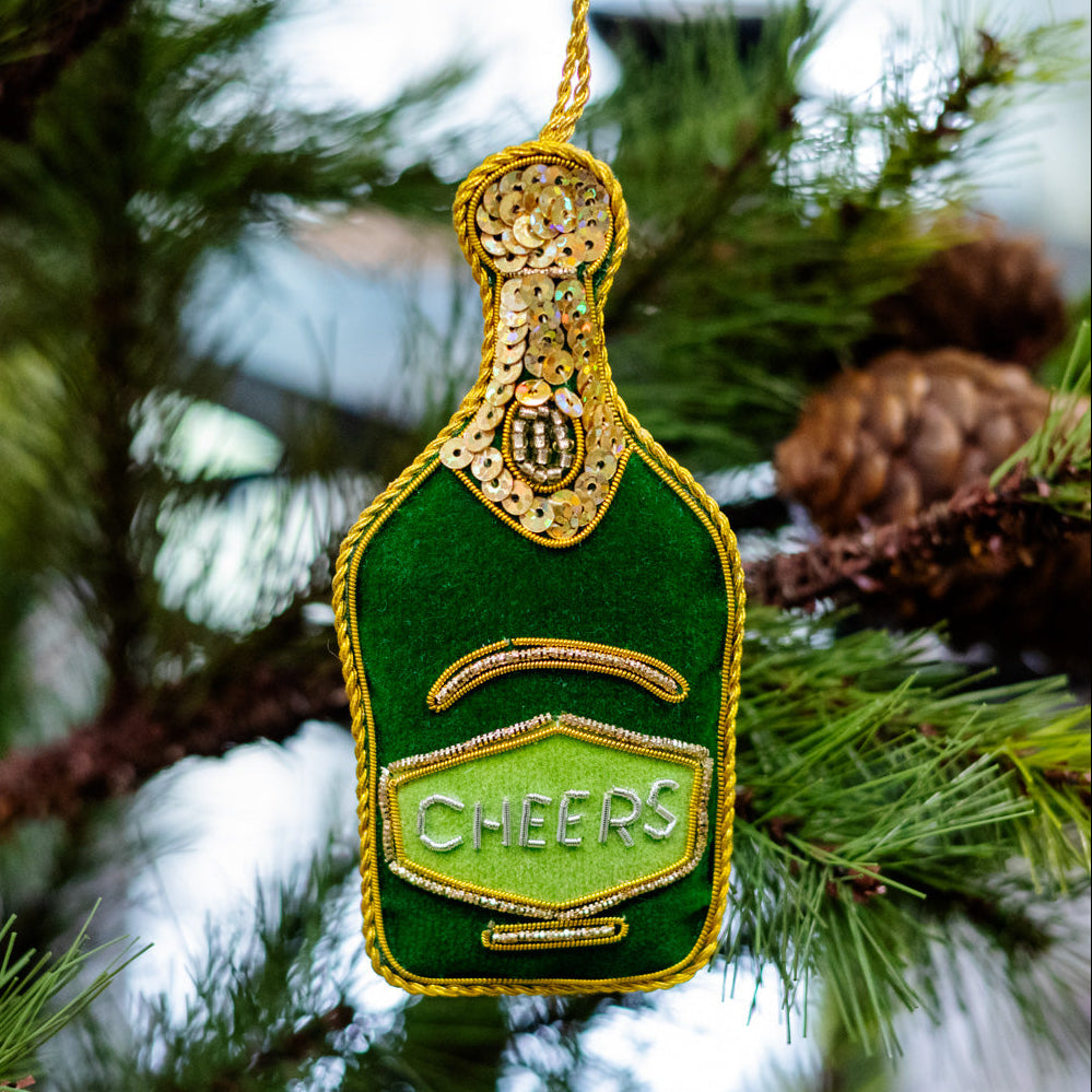 Green Velvet Champagne Bottle Ornament