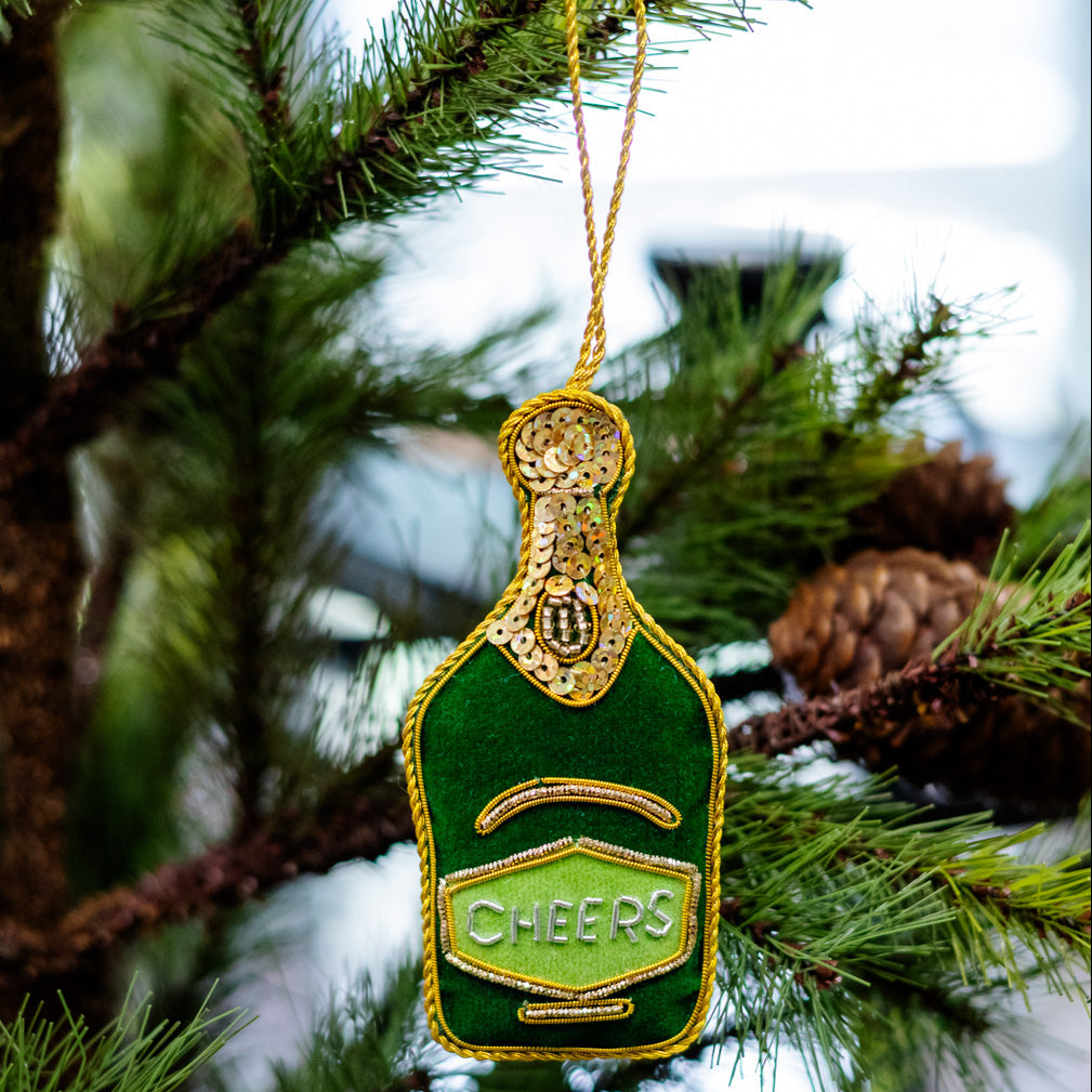 Green Velvet Champagne Bottle Ornament