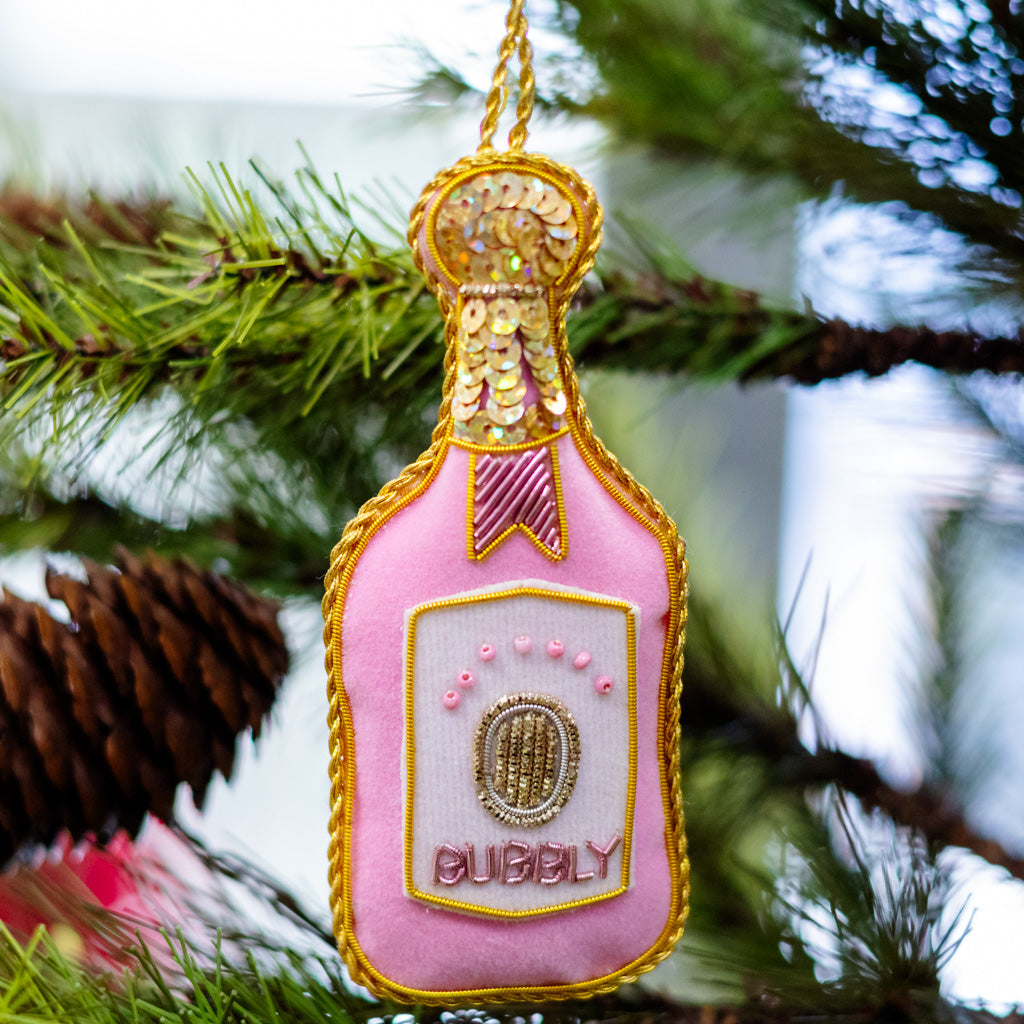 Pink Velvet Champagne Bottle Ornament