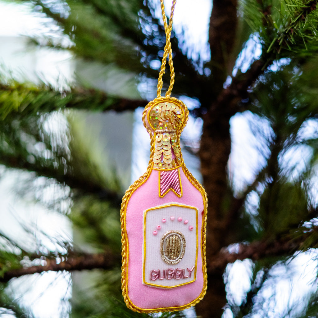 Pink Velvet Champagne Bottle Ornament