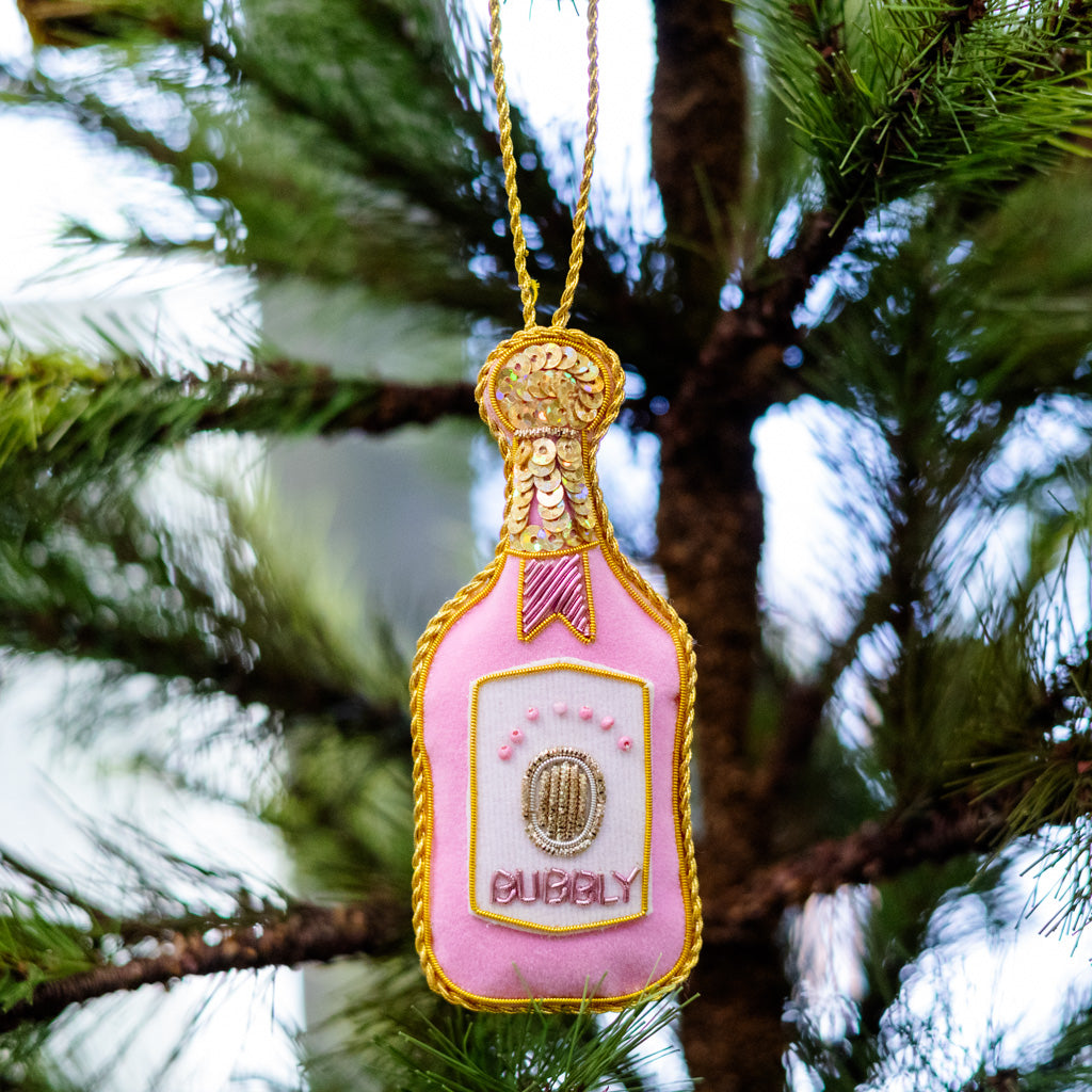 Pink Velvet Champagne Bottle Ornament
