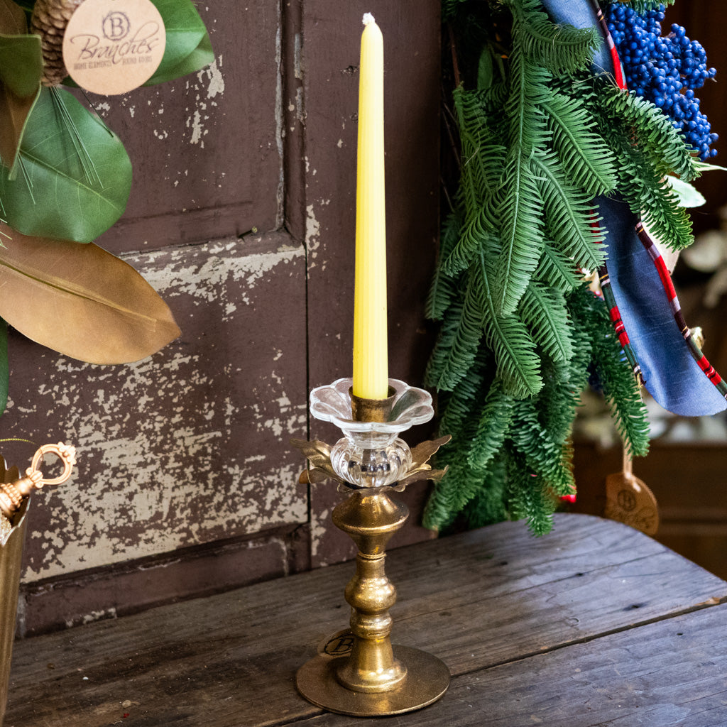 Short Antique Gold Metal & Glass Candle Holder