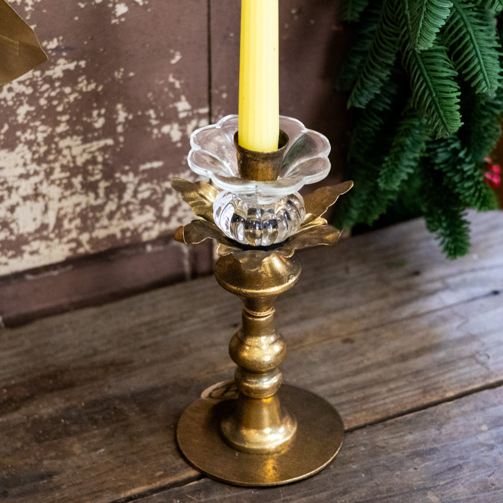 Short Antique Gold Metal & Glass Candle Holder