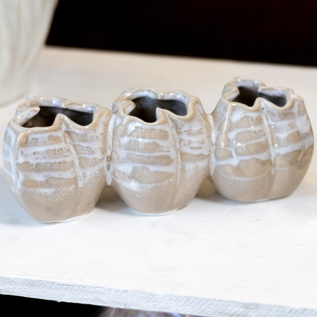 Stoneware Tan Pod Shaped Vase with Three Sections