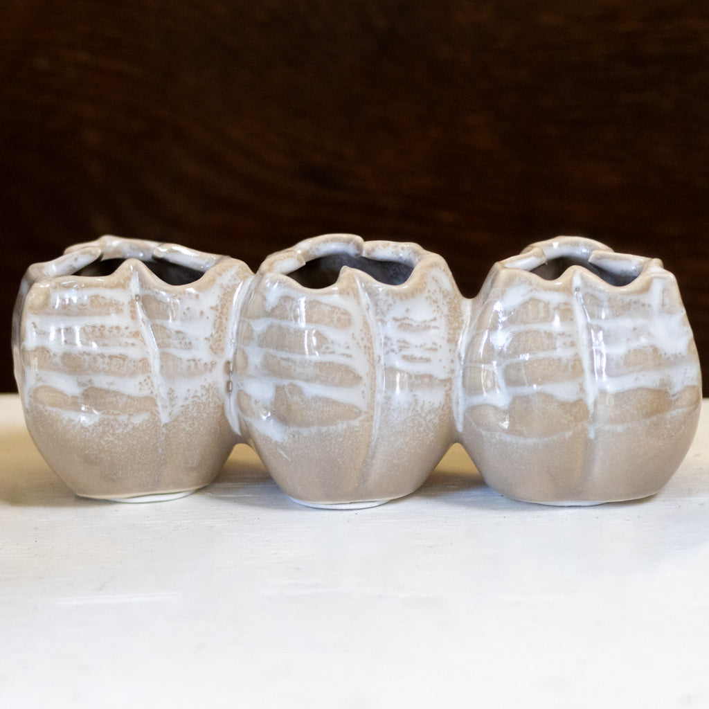 Stoneware Tan Pod Shaped Vase with Three Sections