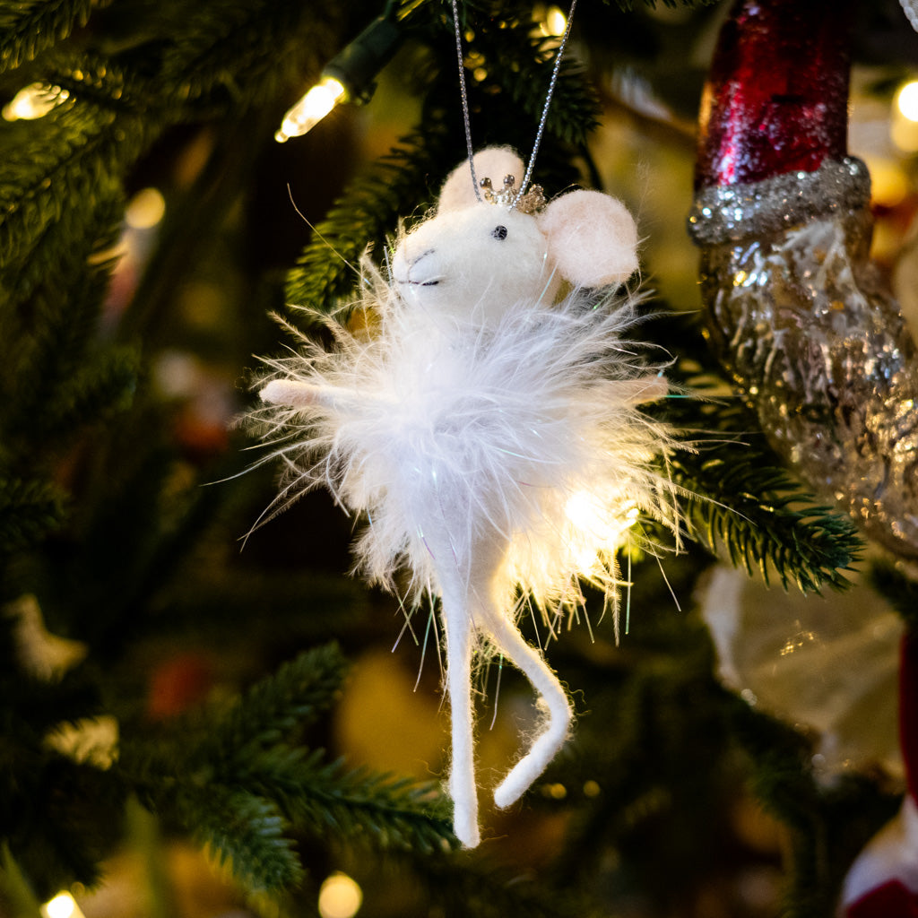 Felt Sugarplum Fairy Mouse with White Feathers, Silver Pearls and Crown Ornament