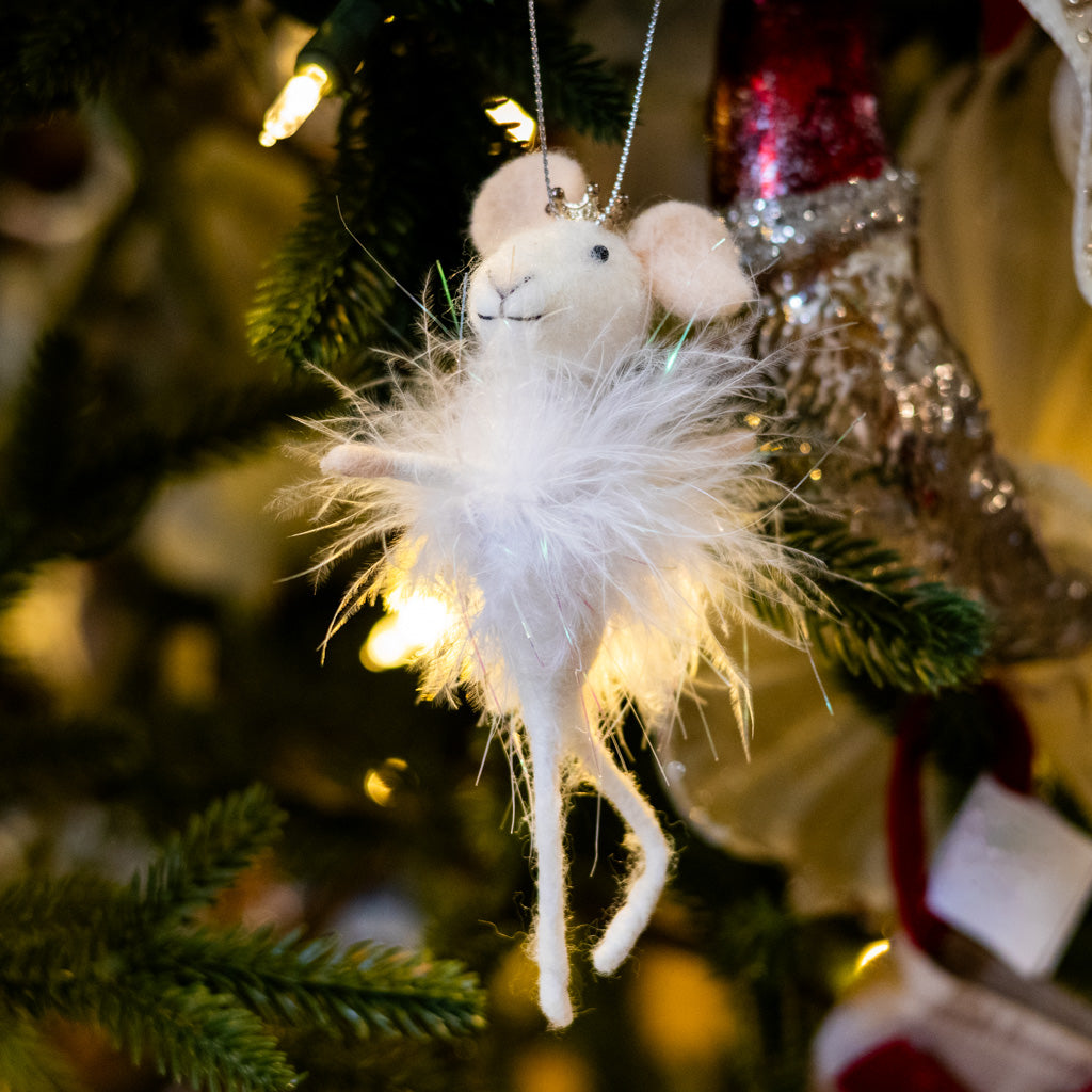 Felt Sugarplum Fairy Mouse with White Feathers, Silver Pearls and Crown Ornament