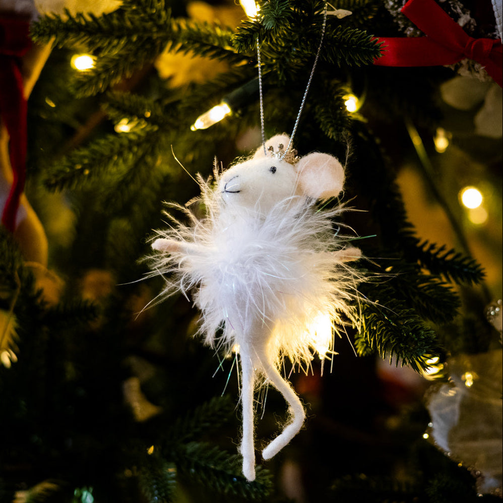 Felt Sugarplum Fairy Mouse with White Feathers, Silver Pearls and Crown Ornament