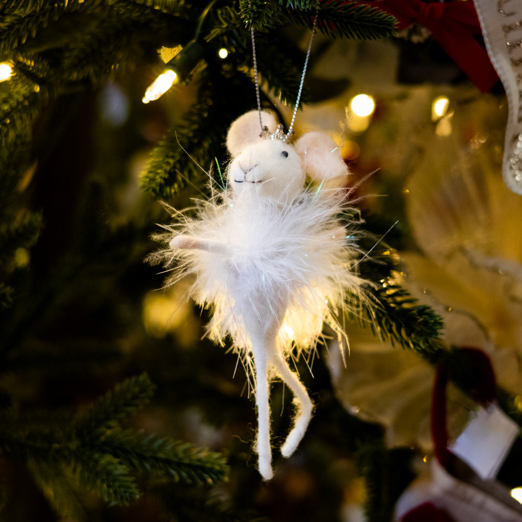 Felt Sugarplum Fairy Mouse with White Feathers, Silver Pearls and Crown Ornament