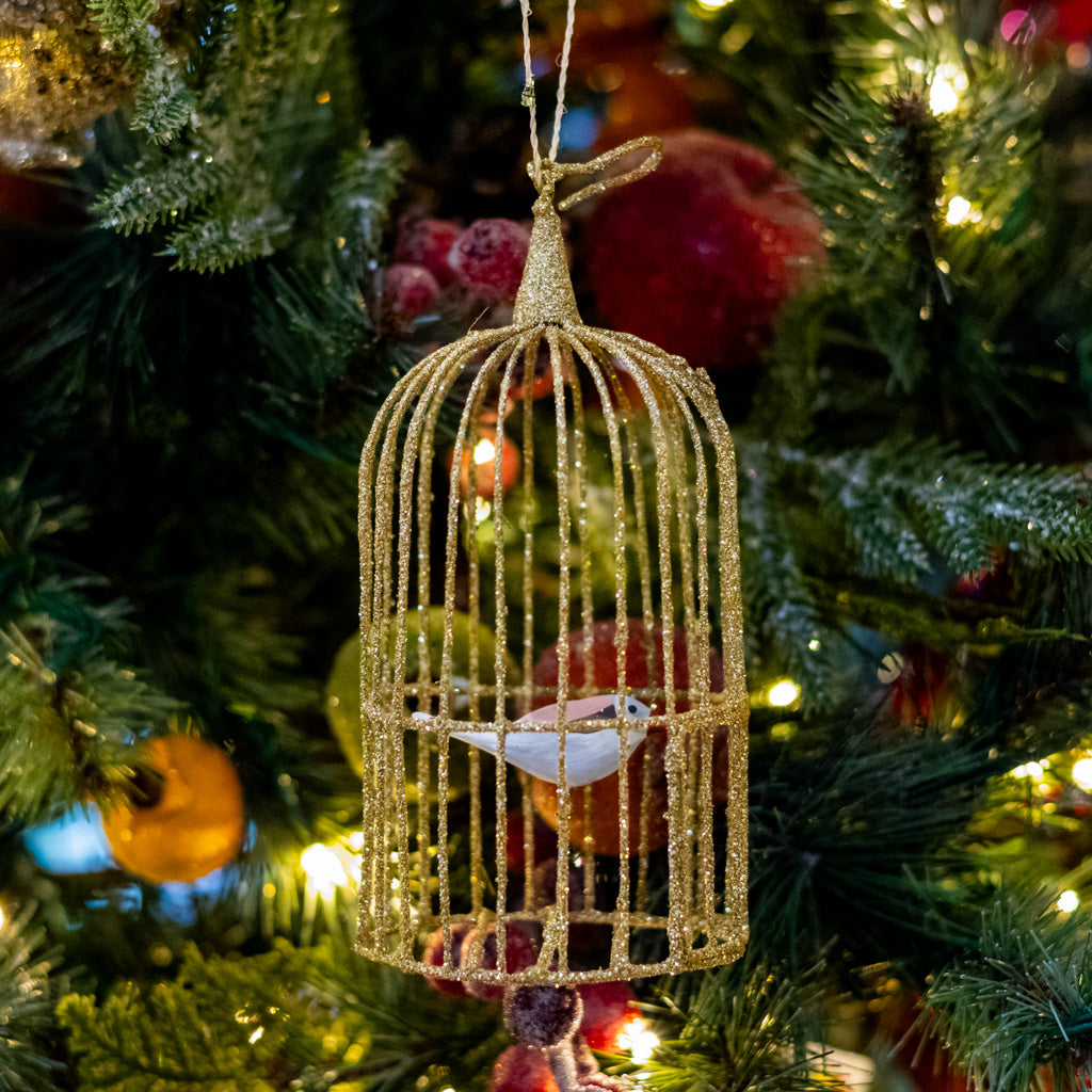 Wire Gilded Birdcage with White Bird Ornament