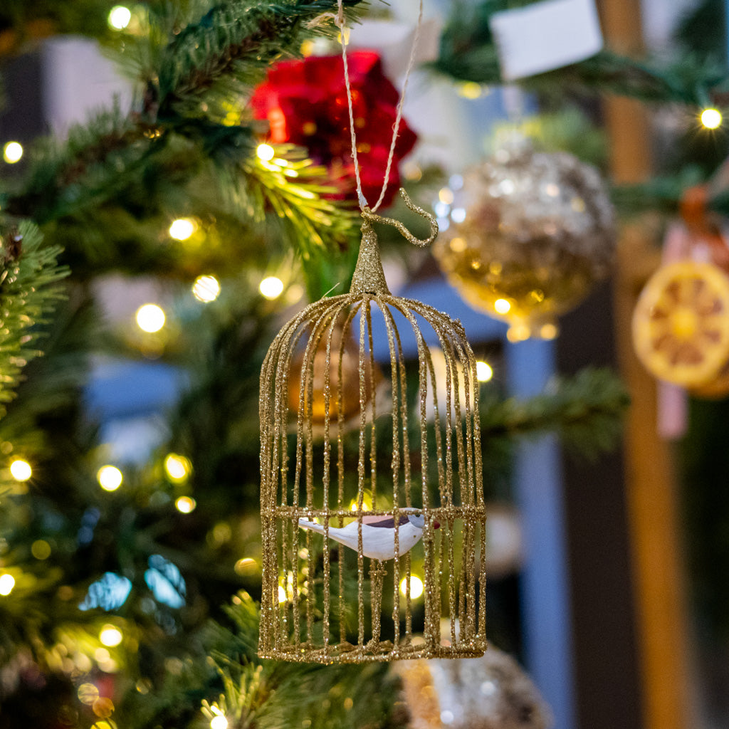 Wire Gilded Birdcage with White Bird Ornament