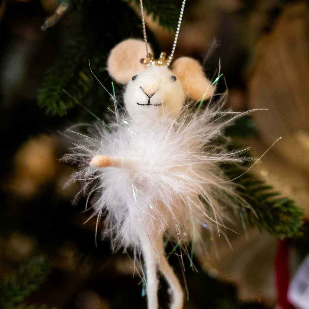 Felt Sugarplum Fairy Mouse with White Feathers, Silver Pearls and Crown Ornament
