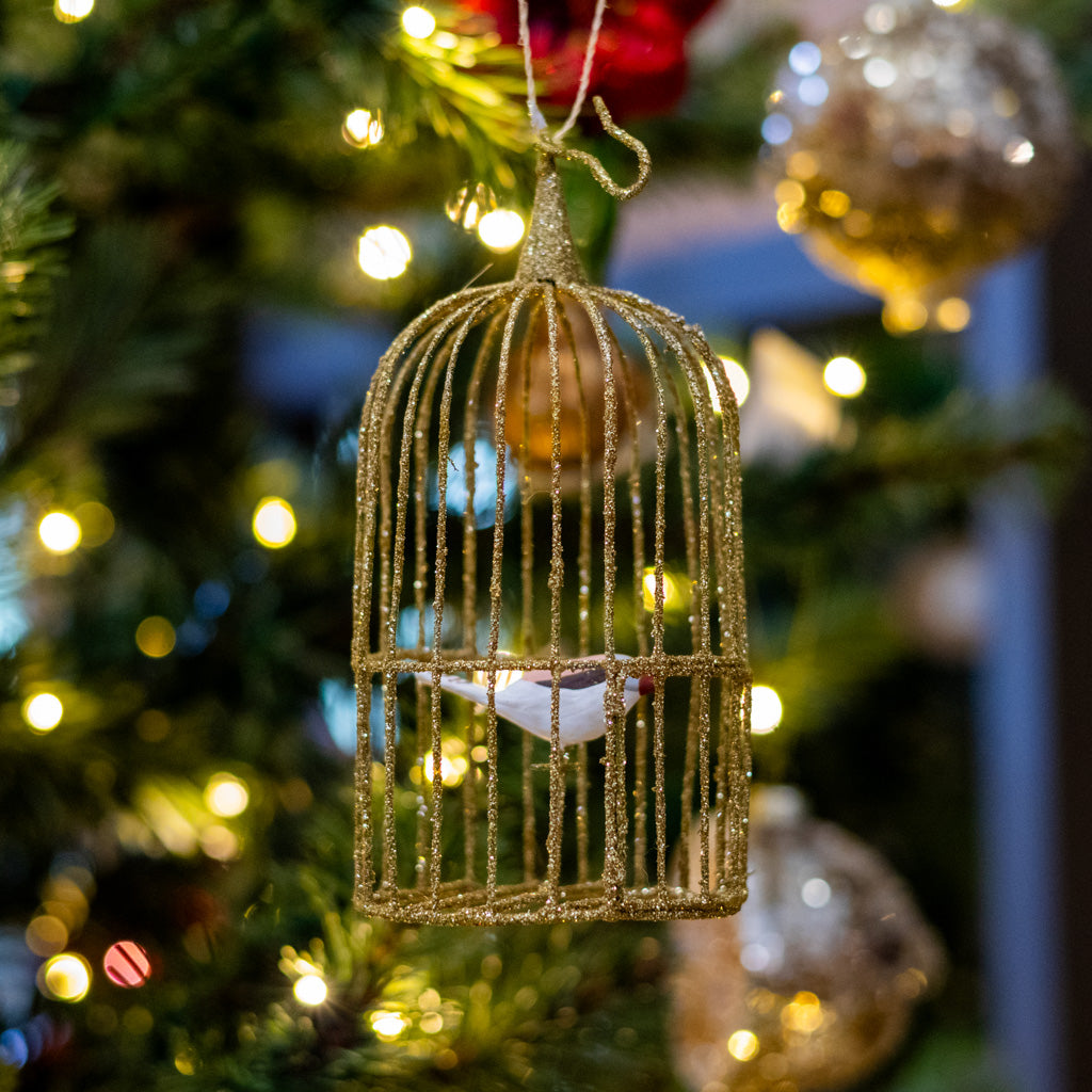 Wire Gilded Birdcage with White Bird Ornament