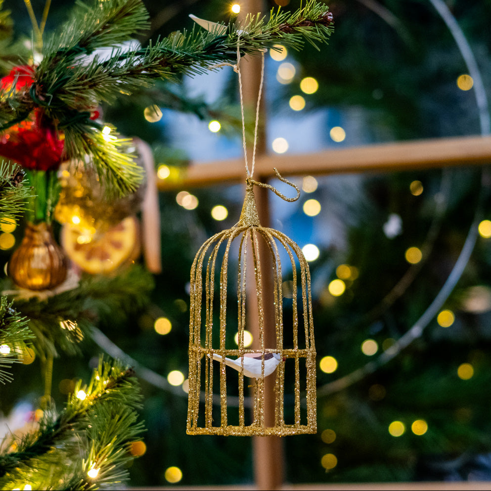 Wire Gilded Birdcage with White Bird Ornament