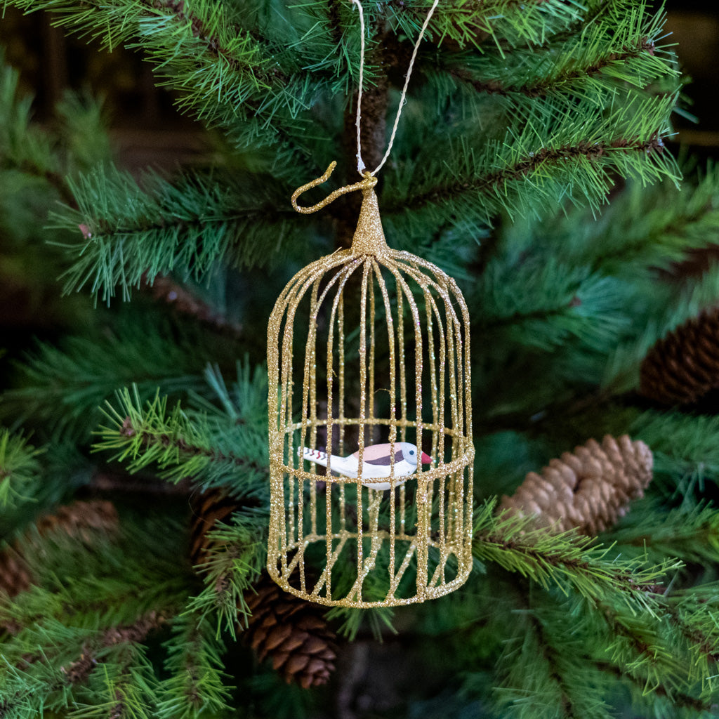 Wire Gilded Birdcage with White Bird Ornament