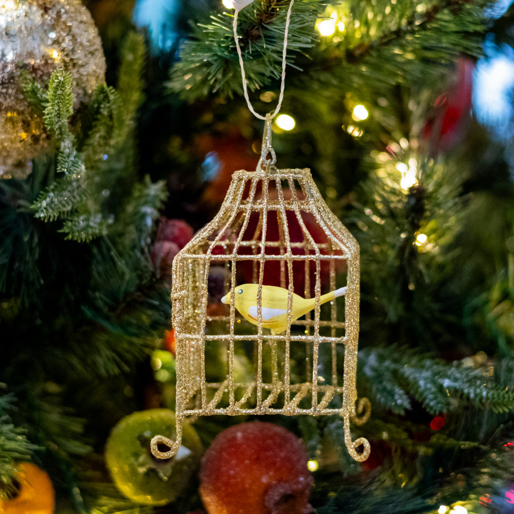 Wire Gilded Birdcage with Yellow Bird Ornament