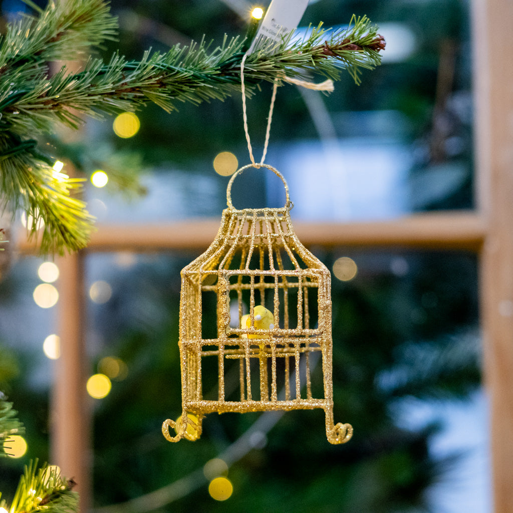 Wire Gilded Birdcage with Yellow Bird Ornament