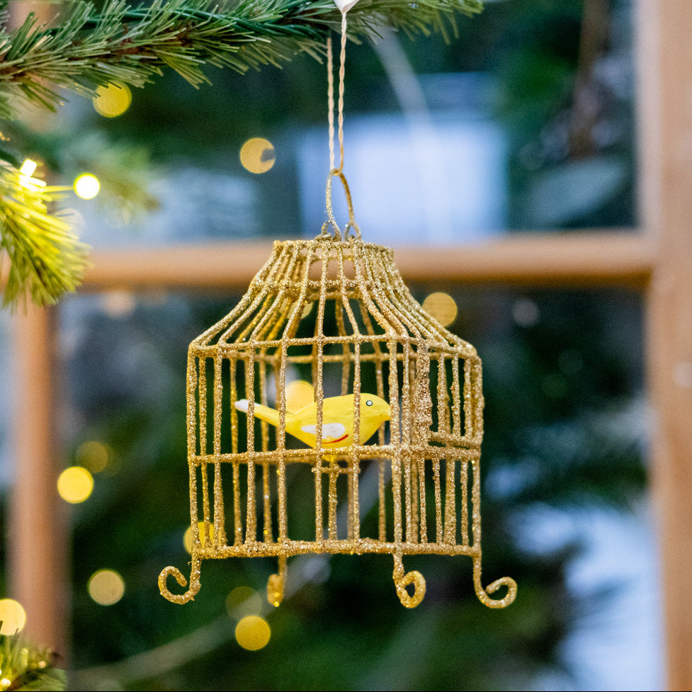 Wire Gilded Birdcage with Yellow Bird Ornament