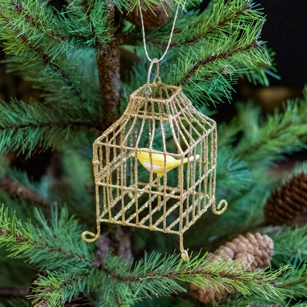 Wire Gilded Birdcage with Yellow Bird Ornament