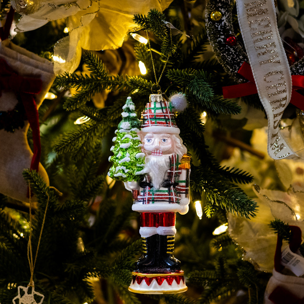 Plaid Gray Nutcracker Glass Ornament