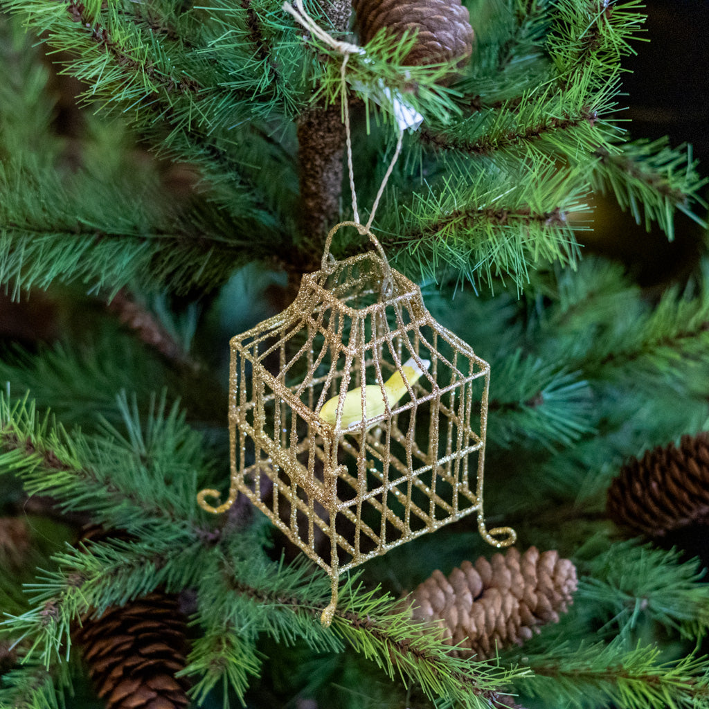 Wire Gilded Birdcage with Yellow Bird Ornament