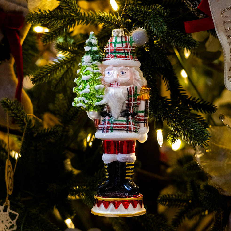 Plaid Gray Nutcracker Glass Ornament