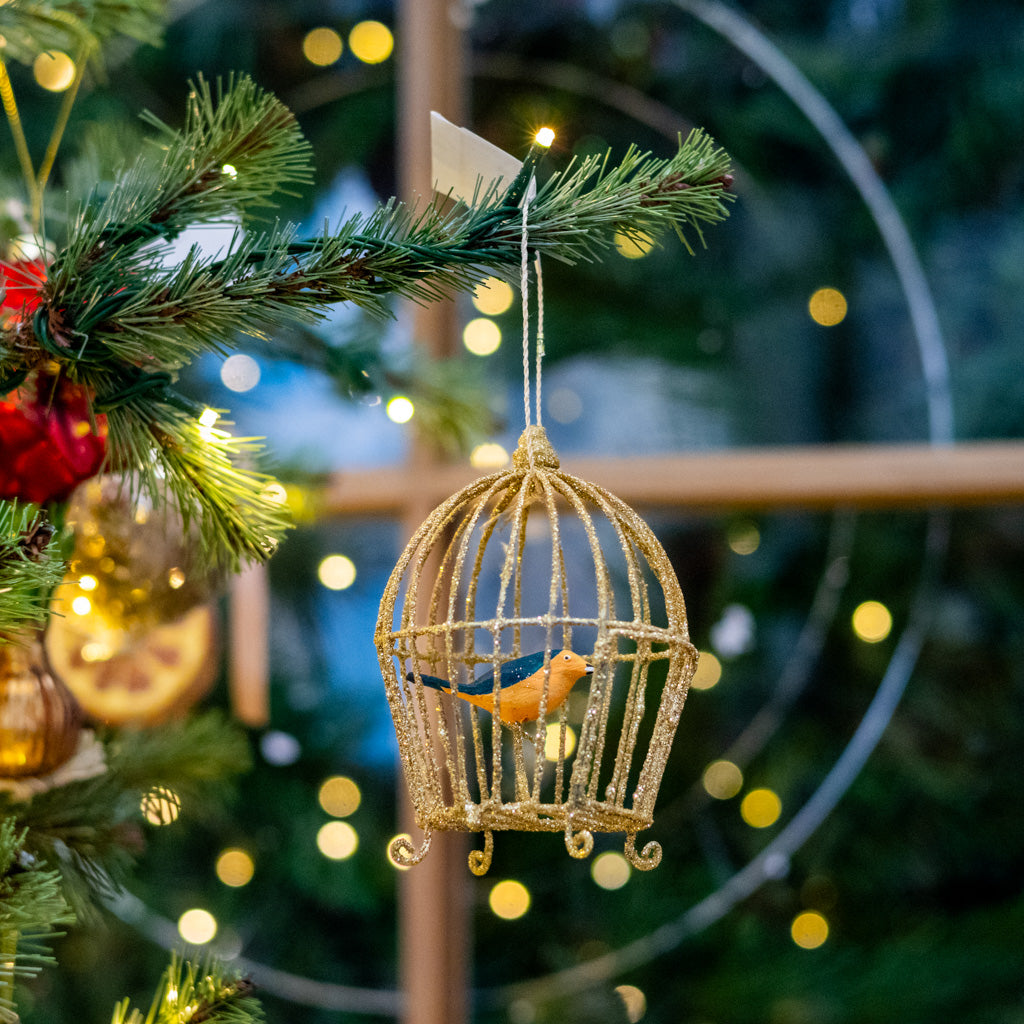 Wire Gilded Birdcage with Orange and Black Bird Ornament