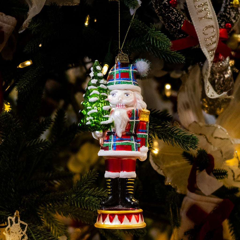 Plaid Red Nutcracker Glass Ornament