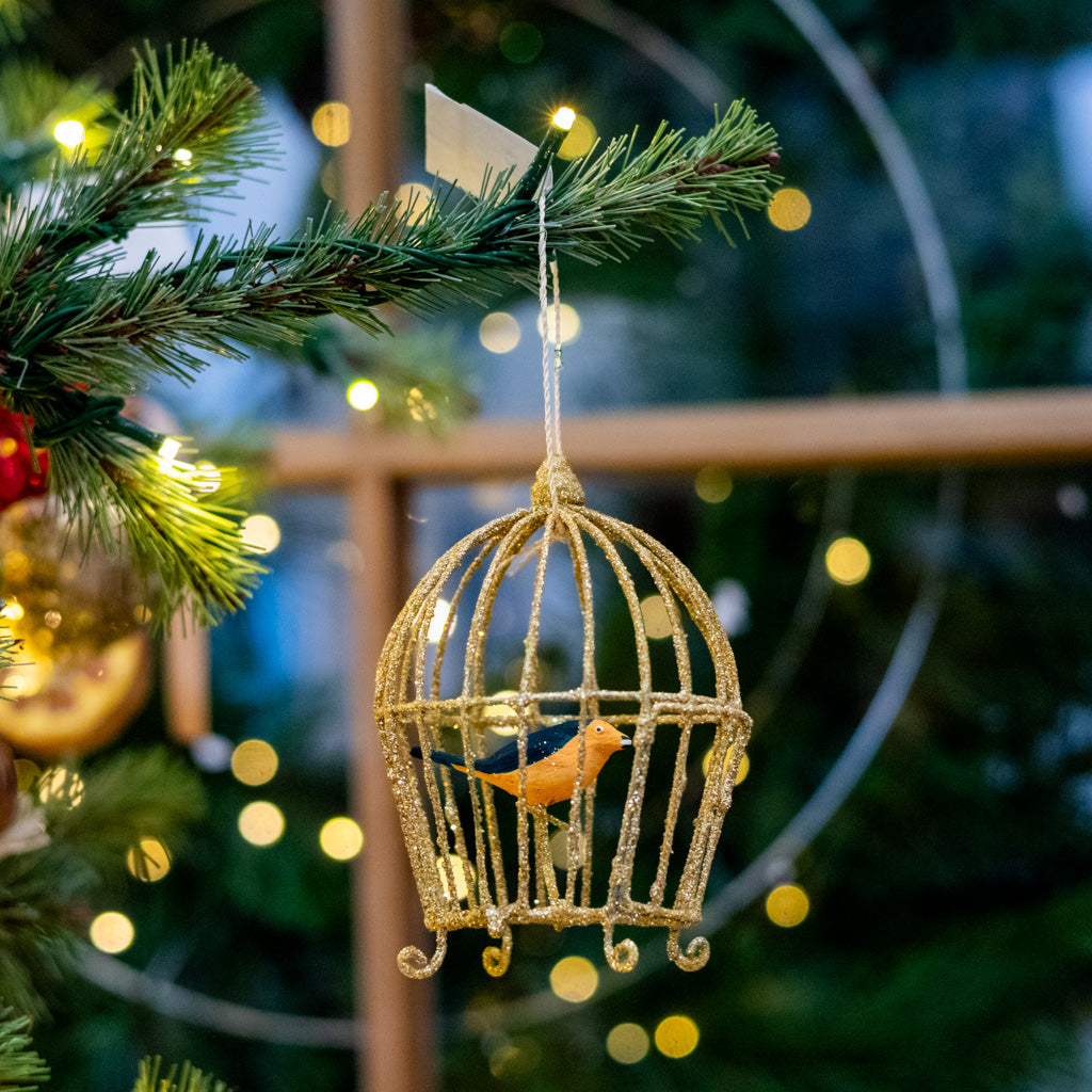Wire Gilded Birdcage with Orange and Black Bird Ornament