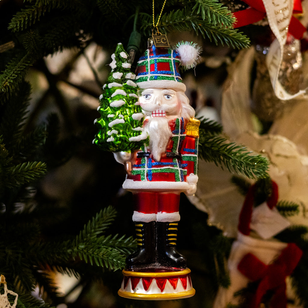 Plaid Red Nutcracker Glass Ornament