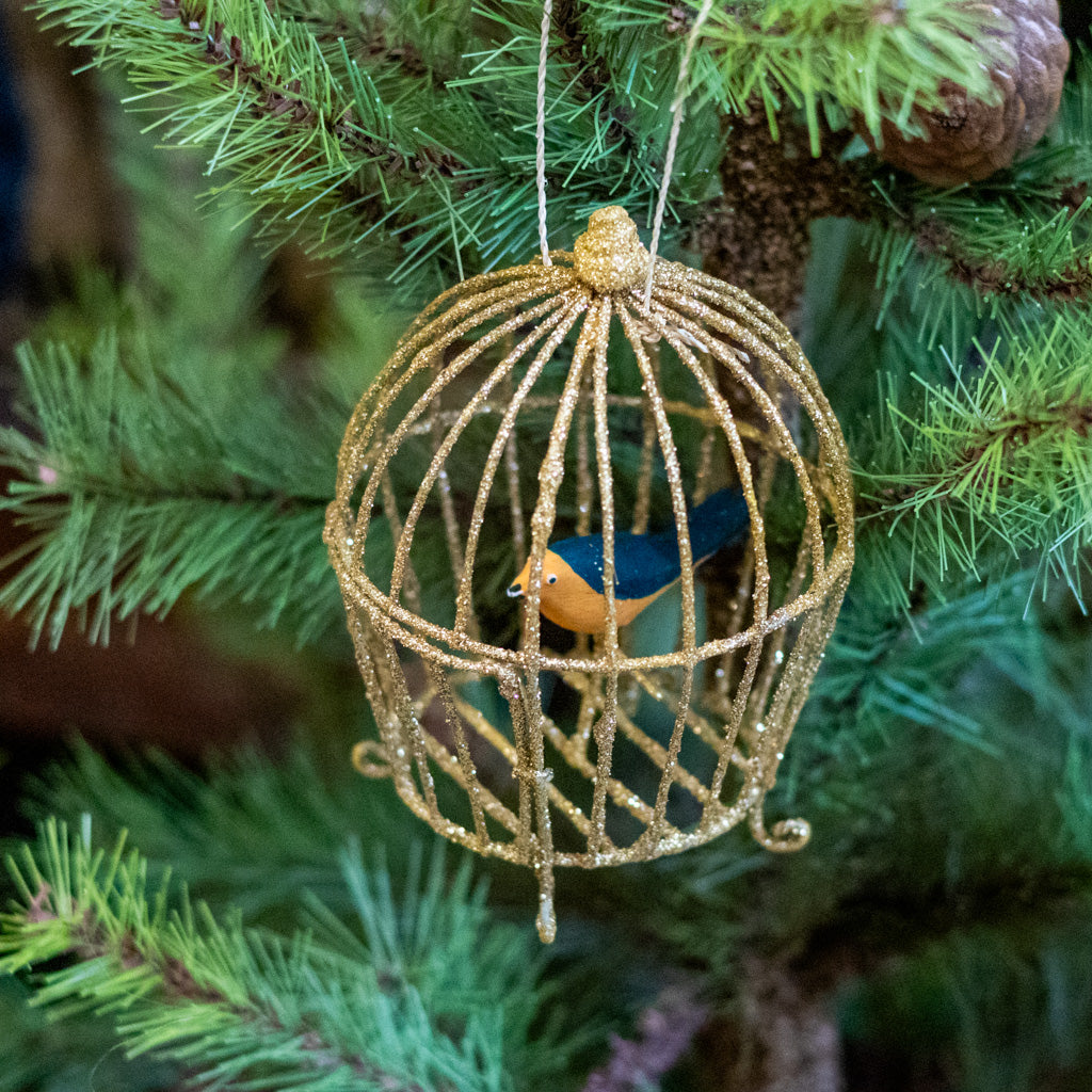 Wire Gilded Birdcage with Orange and Black Bird Ornament