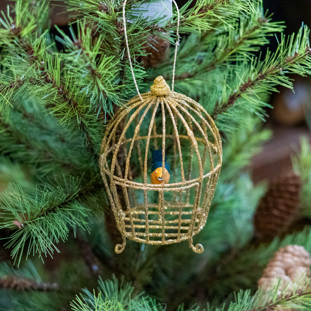 Wire Gilded Birdcage with Orange and Black Bird Ornament