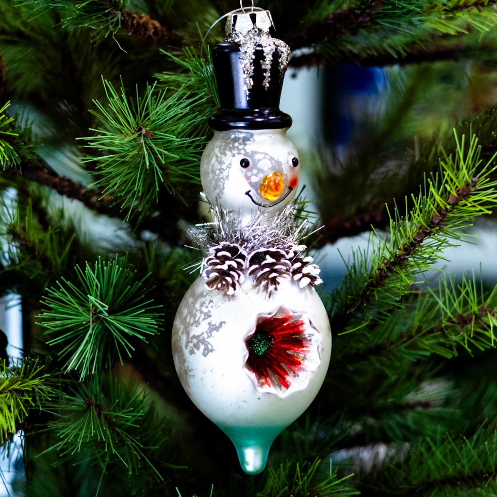 Tall Mercury Glass Snowman with Top Hat Ornament
