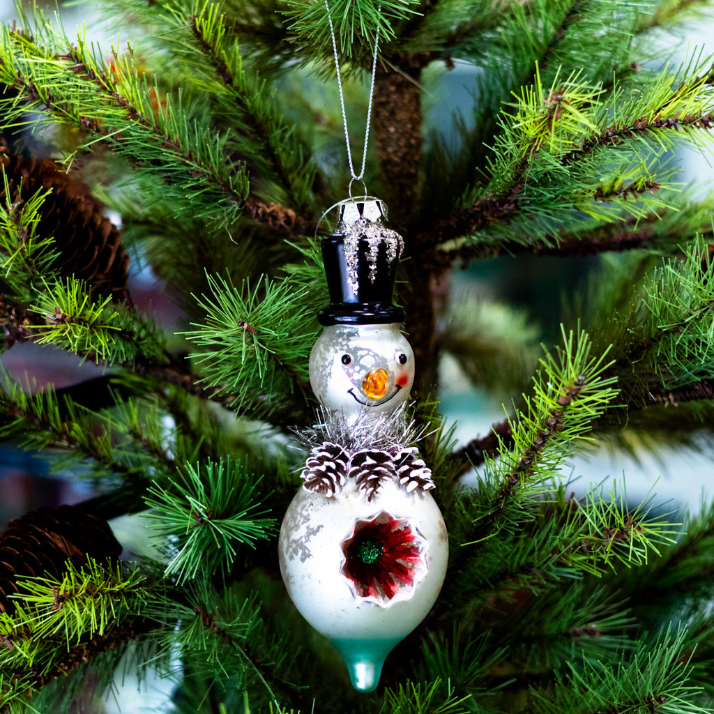 Tall Mercury Glass Snowman with Top Hat Ornament