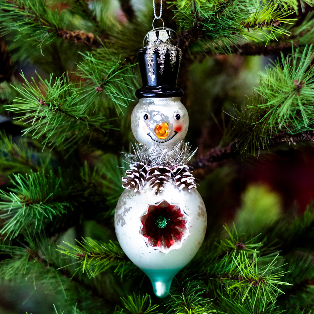 Tall Mercury Glass Snowman with Top Hat Ornament