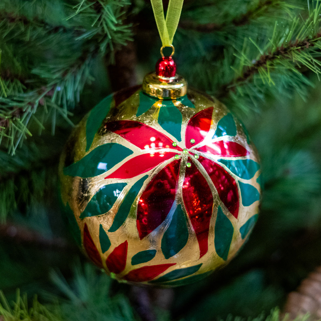 Red and Gold Poinsettia Ball Ornament
