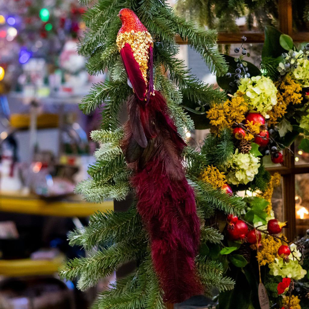 Red Glitter Bird with Gold Sequins and Red Tail