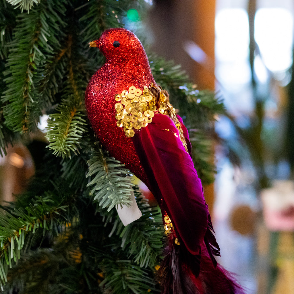 Red Glitter Bird with Gold Sequins and Red Tail