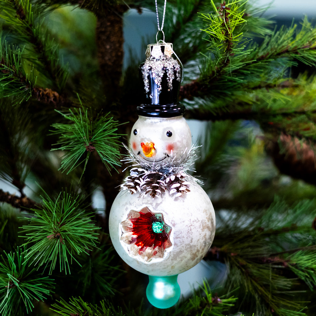 Medium Mercury Glass Snowman with Top Hat Ornament