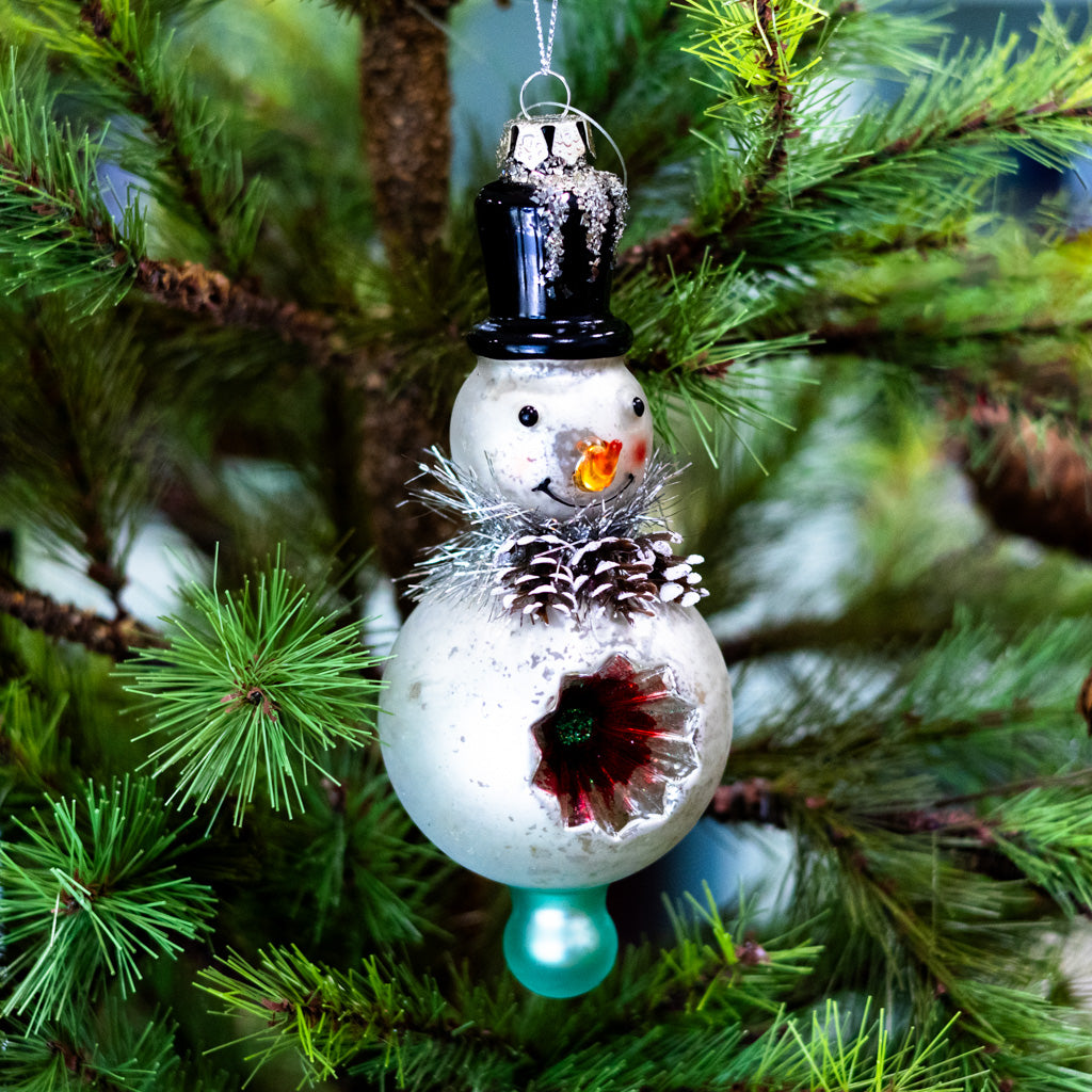 Medium Mercury Glass Snowman with Top Hat Ornament