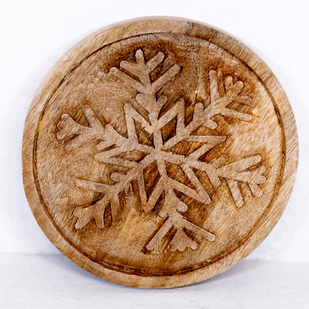 Wood Round Trivet with Snowflake Design
