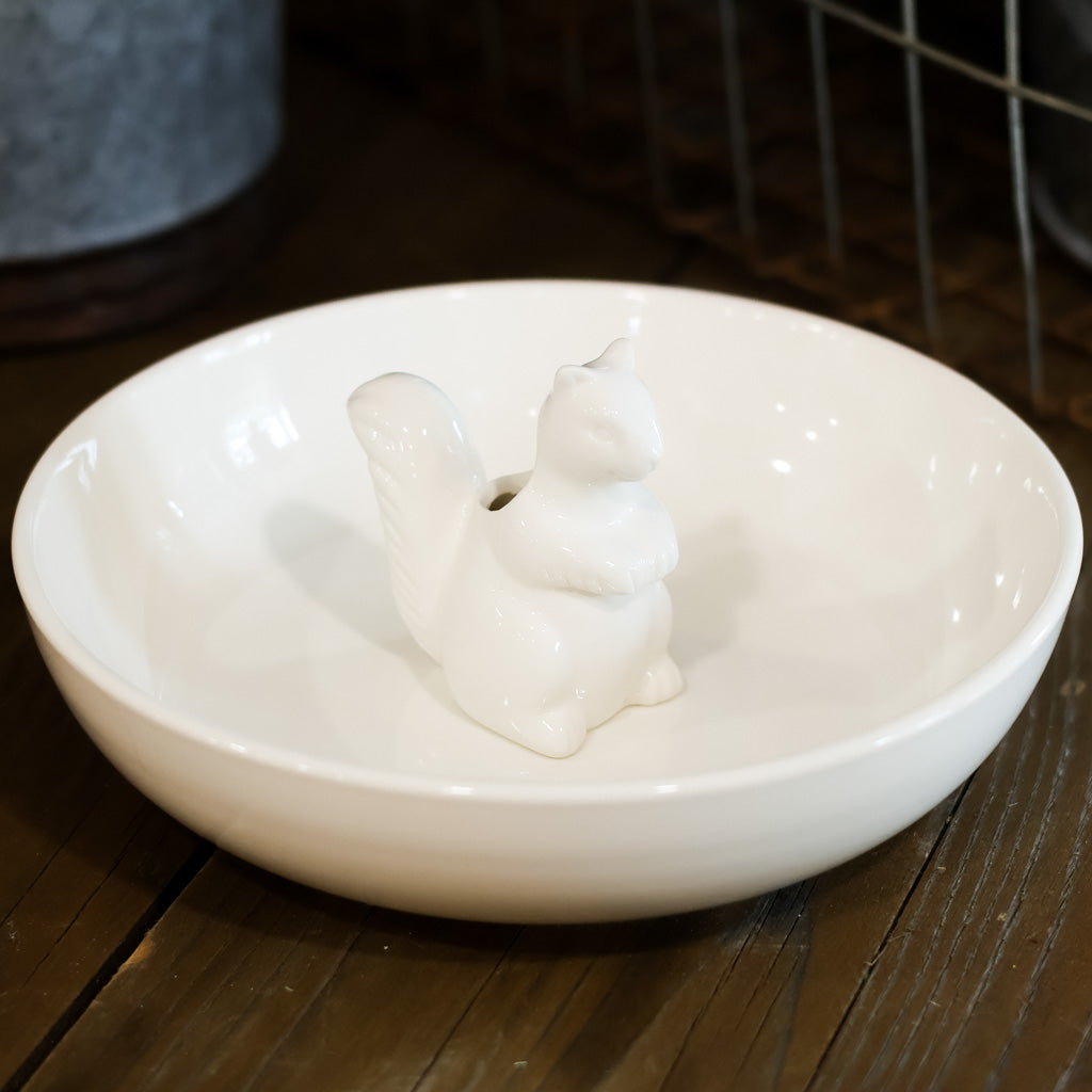 White Stoneware with Toothpick Squirrel Holder Inside