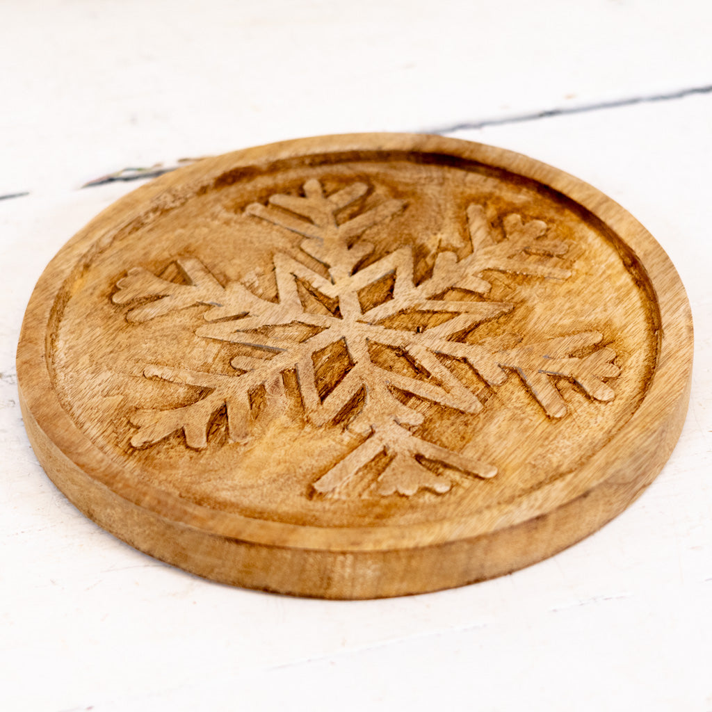 Wood Round Trivet with Snowflake Design