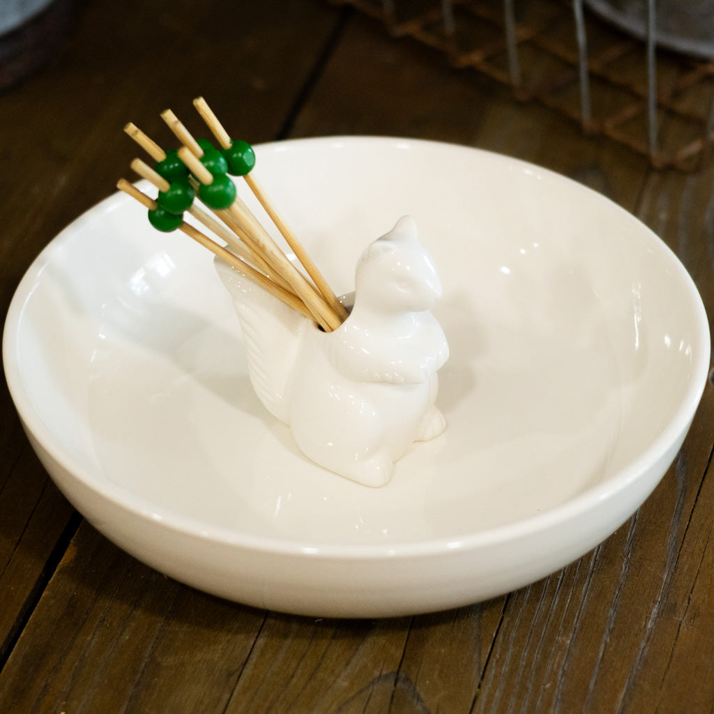 White Stoneware with Toothpick Squirrel Holder Inside