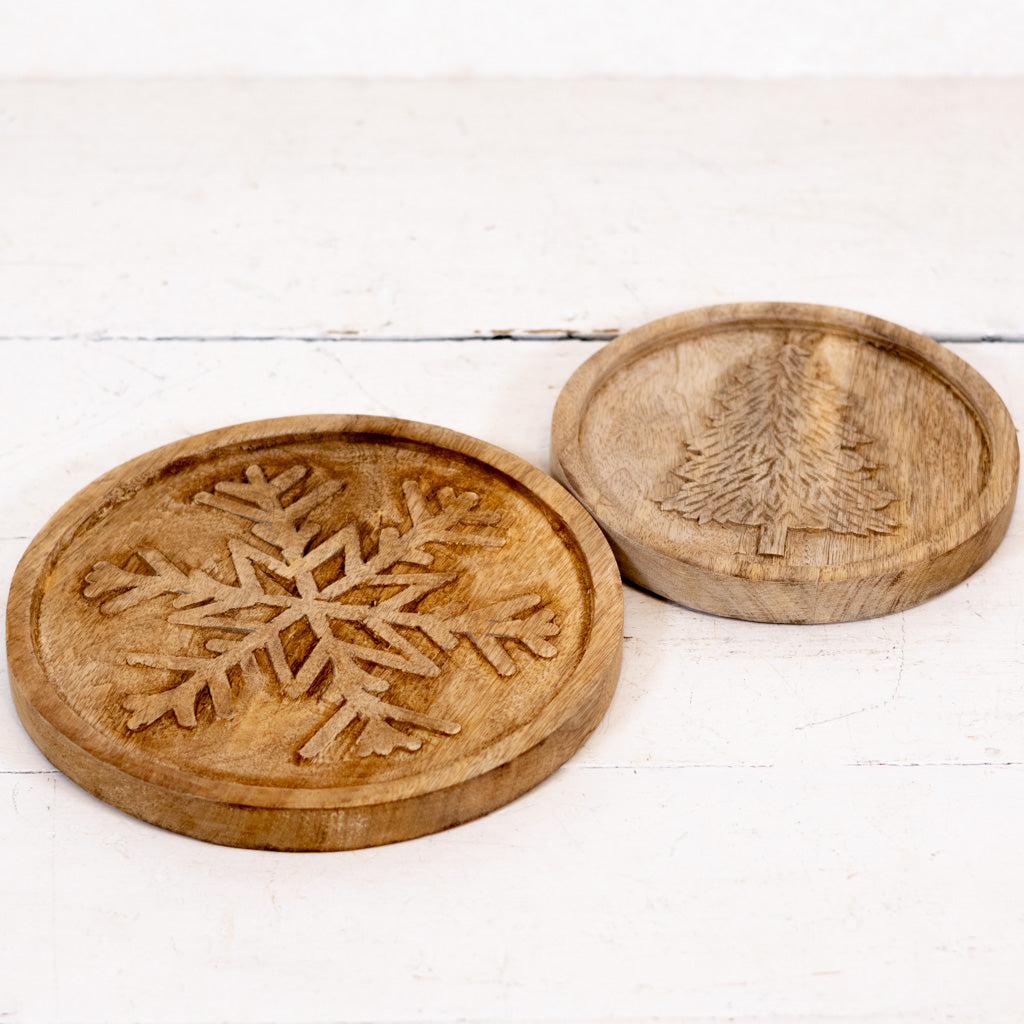 Wood Round Trivet with Snowflake Design