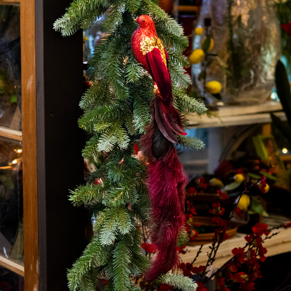 Red Glitter Bird with Gold Sequins and Red Tail