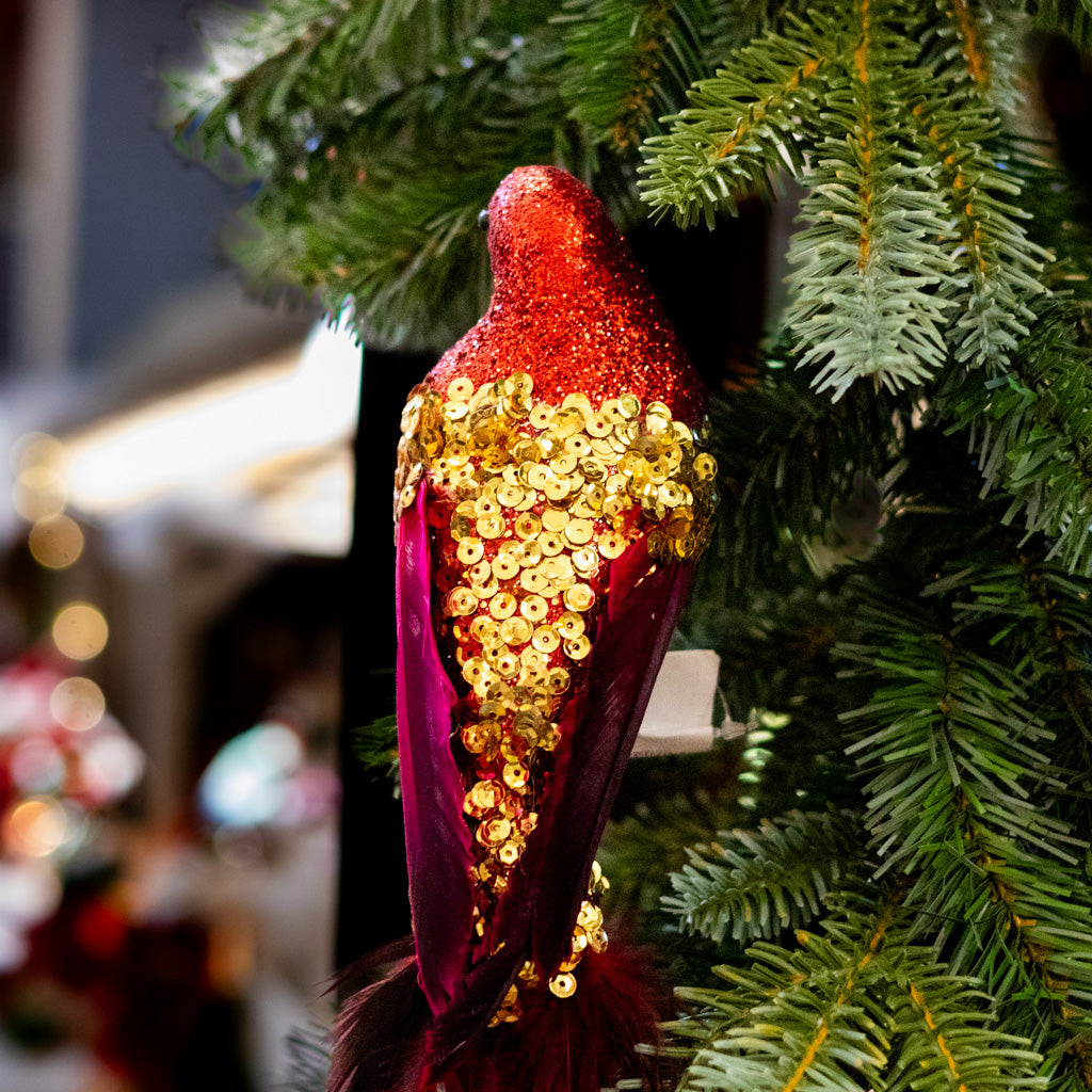 Red Glitter Bird with Gold Sequins and Red Tail